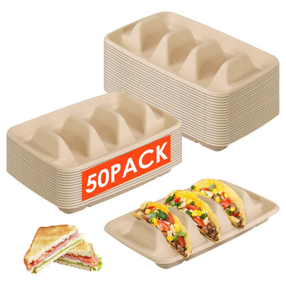 Hyuetrsa 50 Pcs Disposable Taco Holder for Party, 3 Compartments Paper Taco Tray Holder, Disposable Taco Plates with Dividers Taco Stand for Taco Tuesday Lazy Susan Taco Bar