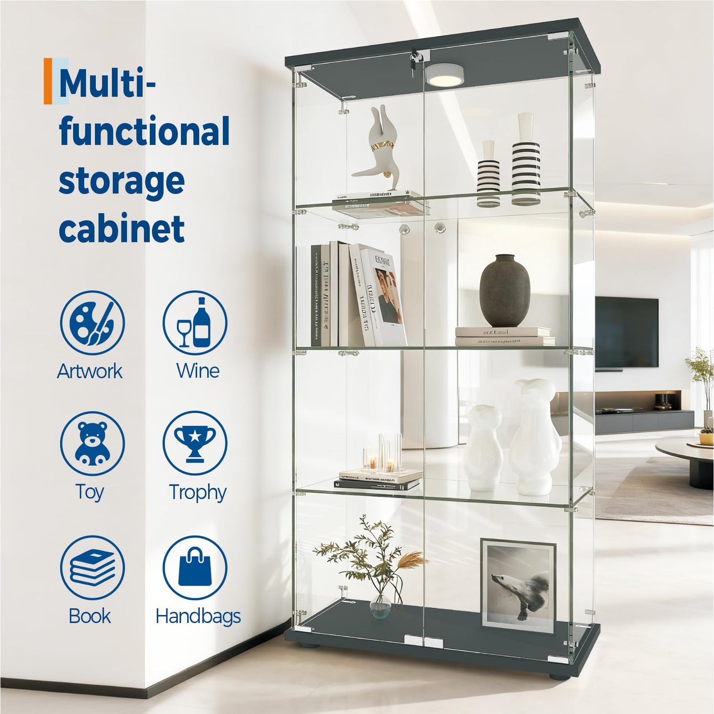 GarveeHome 4 Shelves Display Cabinet, Tempered Glass Curio Showcase with LED Light & Lock, Double Doors Storage Cabinet for Living Room Bedroom Office, Black, 64x31.7x14.3 Inch
