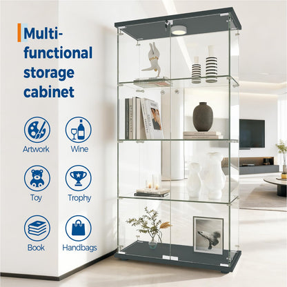 GarveeHome 4 Shelves Display Cabinet, Tempered Glass Curio Showcase with LED Light & Lock, Double Doors Storage Cabinet for Living Room Bedroom Office, Black, 64x31.7x14.3 Inch