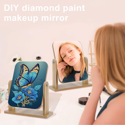 Diamond art Painting Flip Mirror，DIY Butterfly and flowers Rotatable Mirror , 5D Special Shape Diamond Wooden Material Desktop Decor Vanity Mirror Kit, Unique decoration of the desktop in the room