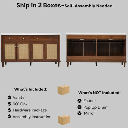 Merax 60 Inch Bathroom Vanity with Double Sink (SMC Sink), Large Storage Space with 2 Tip-Out Trays/Flip-Out Drawers and 4 Soft Closing Doors, Solid Wood Legs and Silver Metal Knobs, Brown