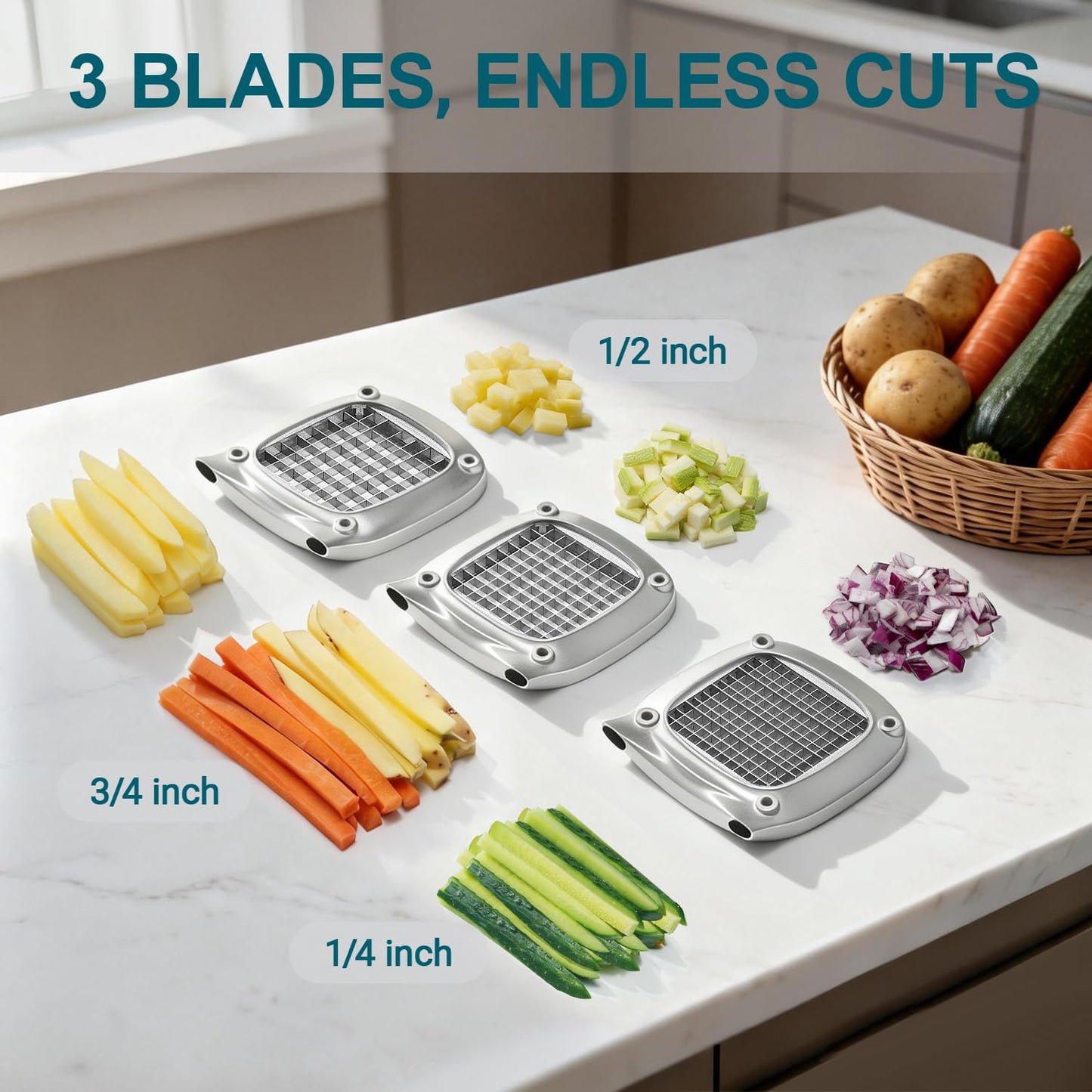 Sopito Professional Stainless Steel French Fry Cutter, 3 Blades (1/2", 3/8", 1/4") for Potatoes, Carrots, Apples, Commercial & Home Use