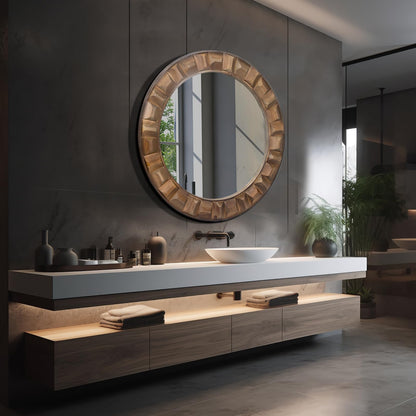 XGGJWW 30 Inch Dark Solid Wood Round Wall Mirror, Brown Wooden Decorative Circle Mirror for Bathroom, Bedroom, Living Room, Entryway, Hallway, or Foyer