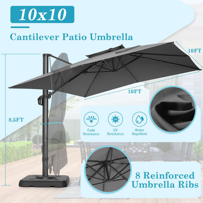 HOTIME 10x10ft Patio Umbrella Cantilever Umbrella Double Top - Upgrade and Intensify - 360 Rotation and 5 Angles Adjustment - Aluminum Offset Pool Umbrella Outdoor Umbrellas for Patio Garden Deck Pool
