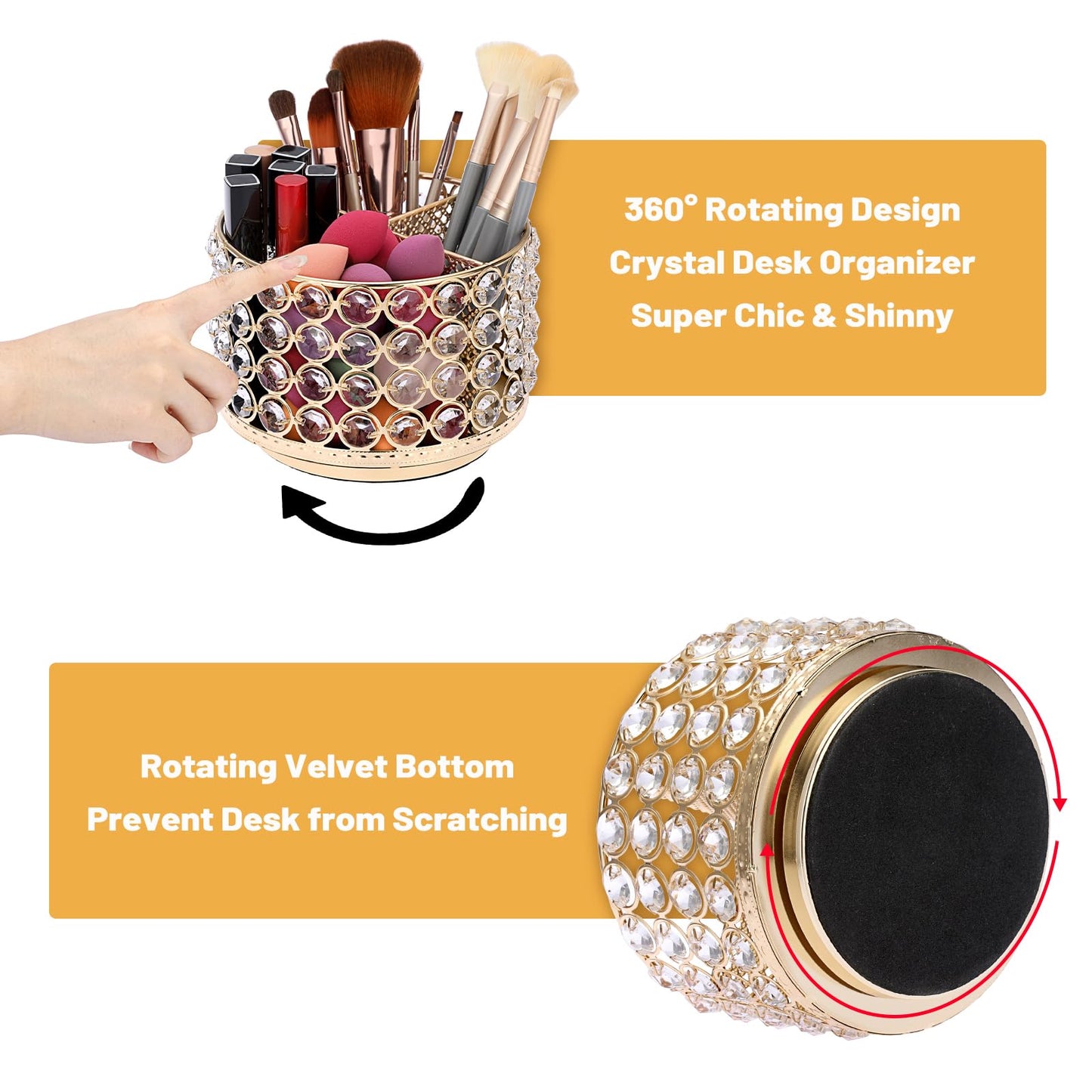 BTSKY Crystal 360 Degree Rotating Desk Organizer Decorative Storage Box with 4 Compartments, Glitter Metal Makeup Brush Holder Elegant Storage Caddy Home Decor Gift for Women, Round-4 Slots Gold