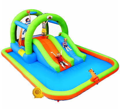 WELLFUNTIME Inflatable 2-in-1 Water Slide Bouncy Castle with Blower, Jumping House with Double Slide & Basketball Ring for Kids, Jumping Area for 3 Kids
