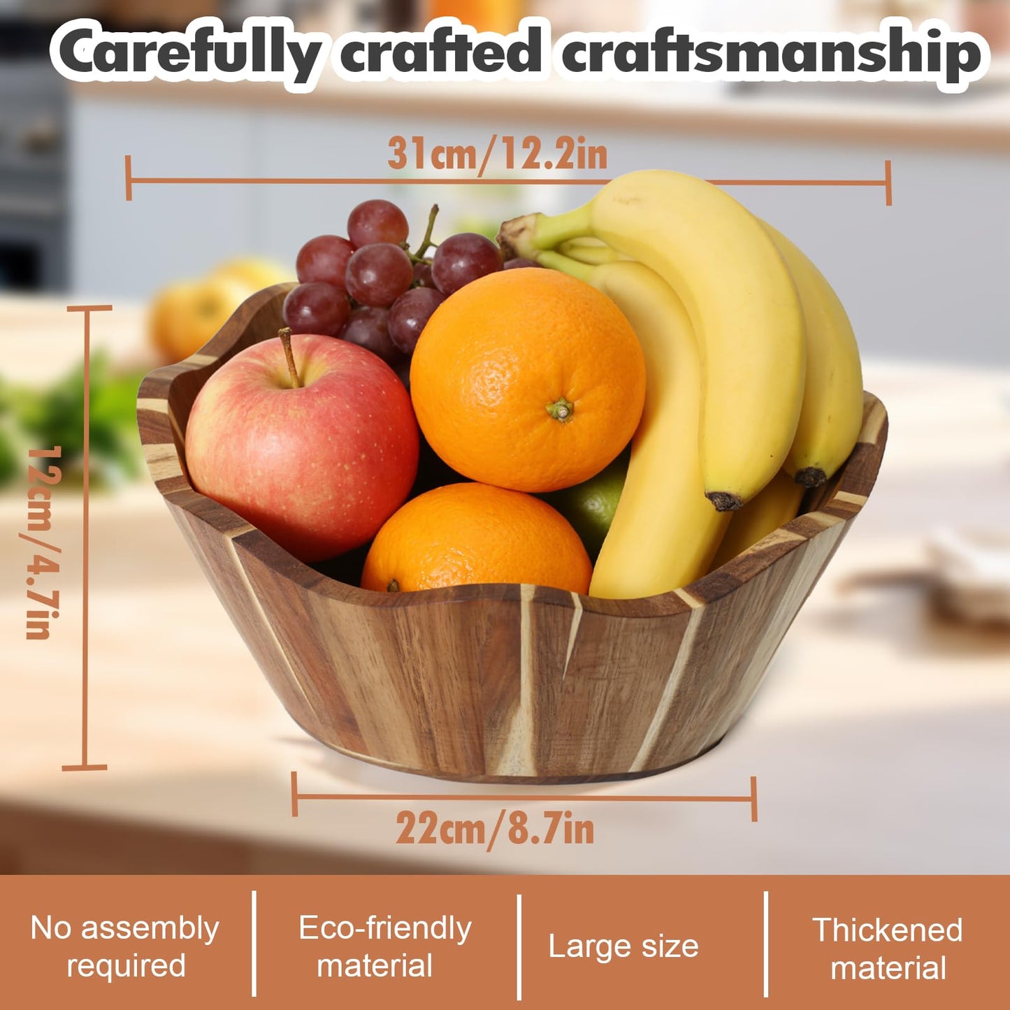 JIANXINGHOOM Wooden Fruit Bowl Large Serving Bowl for Kitchen Counter Ideal for Fruit Salad Mixing Snacks Desserts and Bread