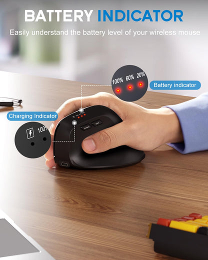 Bluetooth and 2.4GHz Ergonomic Mice, 2 in 1 Wireless Mouse with 3 DPI Levels, Rechargeable Computer Mouse with USB Receiver and Type C Adapter for Laptop, Desktop, Windows, Mac OS, Black