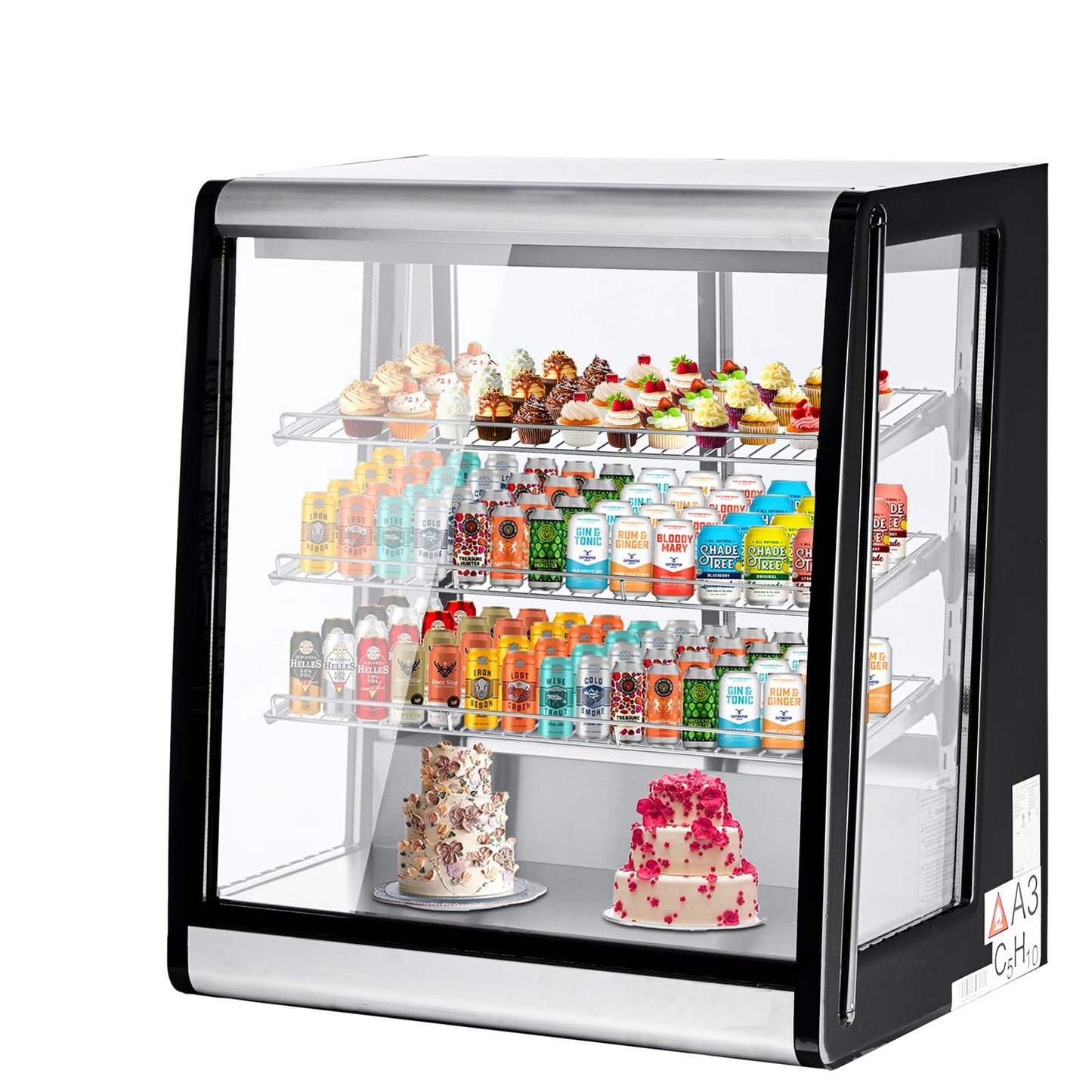 Festisoul Commercial Refrigerated Display Case, 196L Glass Door Countertop Refrigerator with Double Layer Tempered Glass, 110V for Restaurants, Cafes, Stores, Black