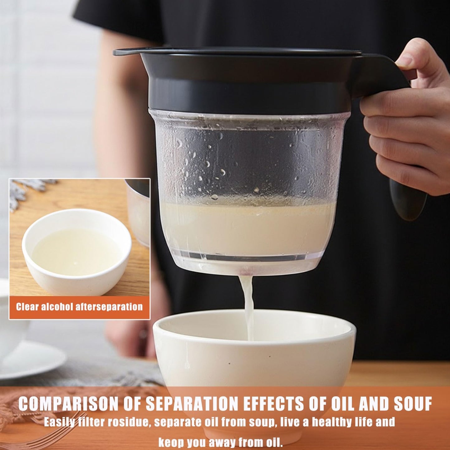 Fat Separator Cup with Bottom Release Button, Heat-Resistant Grease Separator for Gravy and Soup, 1L Oil Separator Measuring Cup with Handle, Easy Clean Kitchen Cooking Tool (Black)