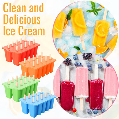 Hoolerry 4 Set Silicone Ice Lolly Molds, Reusable Ice Cream Molds with 200 Wooden Sticks, Easy Release Pop Maker, Frozen Treat Mold for Homemade, Red, Blue, Green, Orange(10 Cavities)