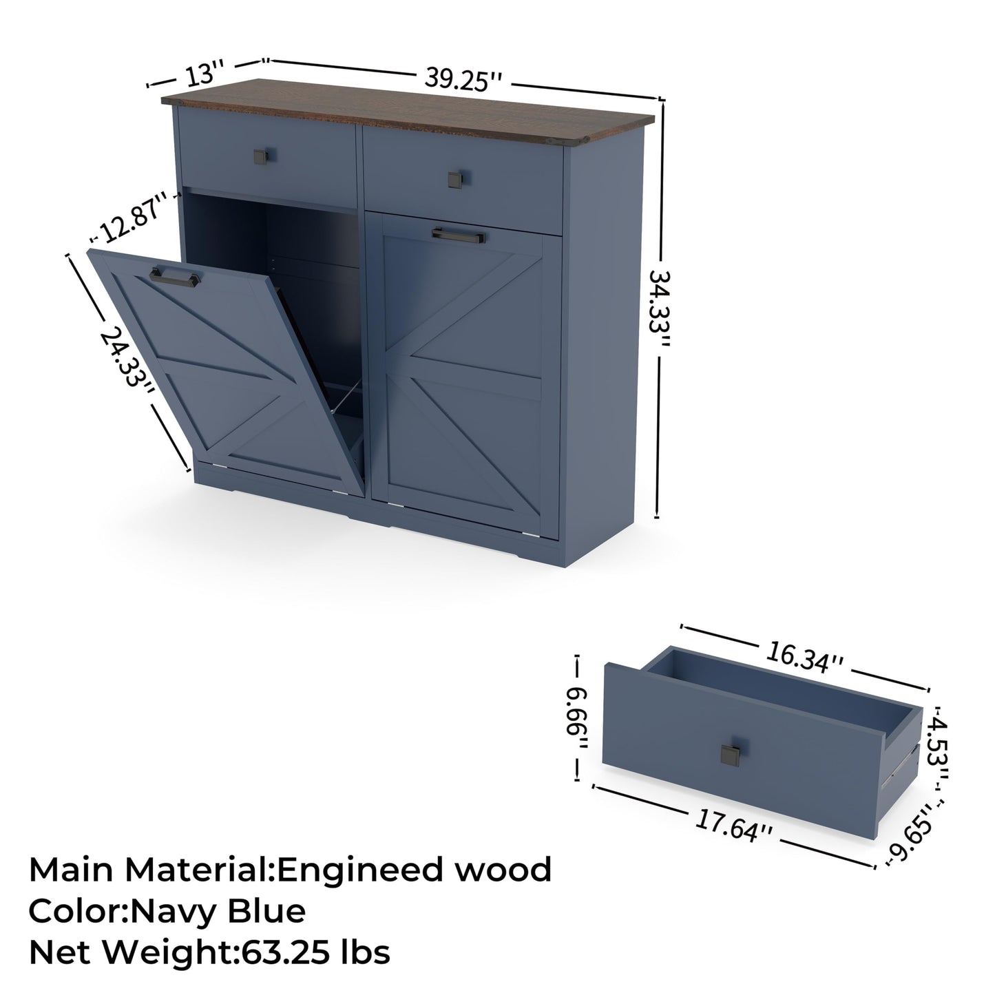 HUYYA Modern Sideboard Cabinet Buffet Storage Console Credenza for Dining Room, Free Standing Tilt Out Trash, Laundry Sorter Cabinet with Sturdy Construction and Easy Clean Surf