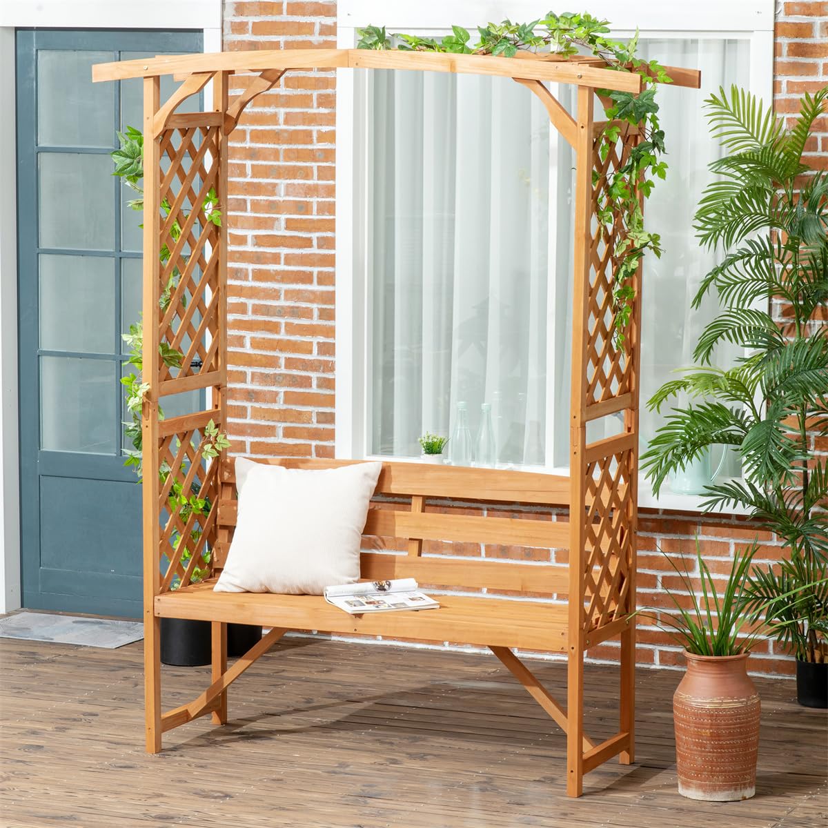 NAAMOTOMOX Garden Arch Trellis with Bench - 63''W x 78''H Wooden Arbor with 2-Person Outdoor Bench, Garden Arbors Archway Pergola for Climbing Plants Rose Wedding Backyard Party Lawn Decor