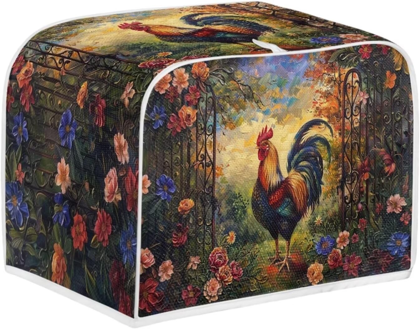 Rooster Flower Toaster Cover, 2 Slice, Brown Washable Dustproof Bread Maker Protector, Kitchen Appliance Gift for Mom