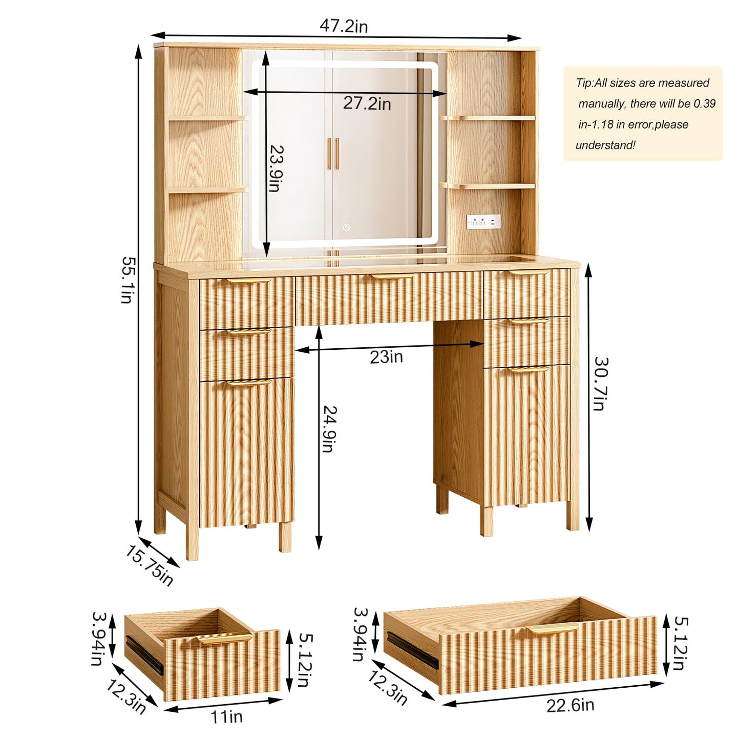 Vanity Desk with Large 27.2" Mirror and Lights 47.2" Fluted Makeup, 5 Drawer Vanity with Power Strip, 4 Open Shelves, 2 Cabinet, Modern Bedroom Vanity Featuring Visual Transparent Glass. Wood