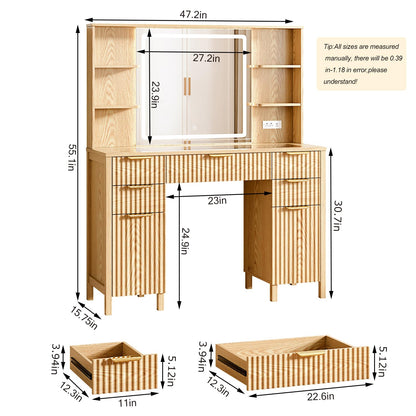 Vanity Desk with Large 27.2" Mirror and Lights 47.2" Fluted Makeup, 5 Drawer Vanity with Power Strip, 4 Open Shelves, 2 Cabinet, Modern Bedroom Vanity Featuring Visual Transparent Glass. Wood