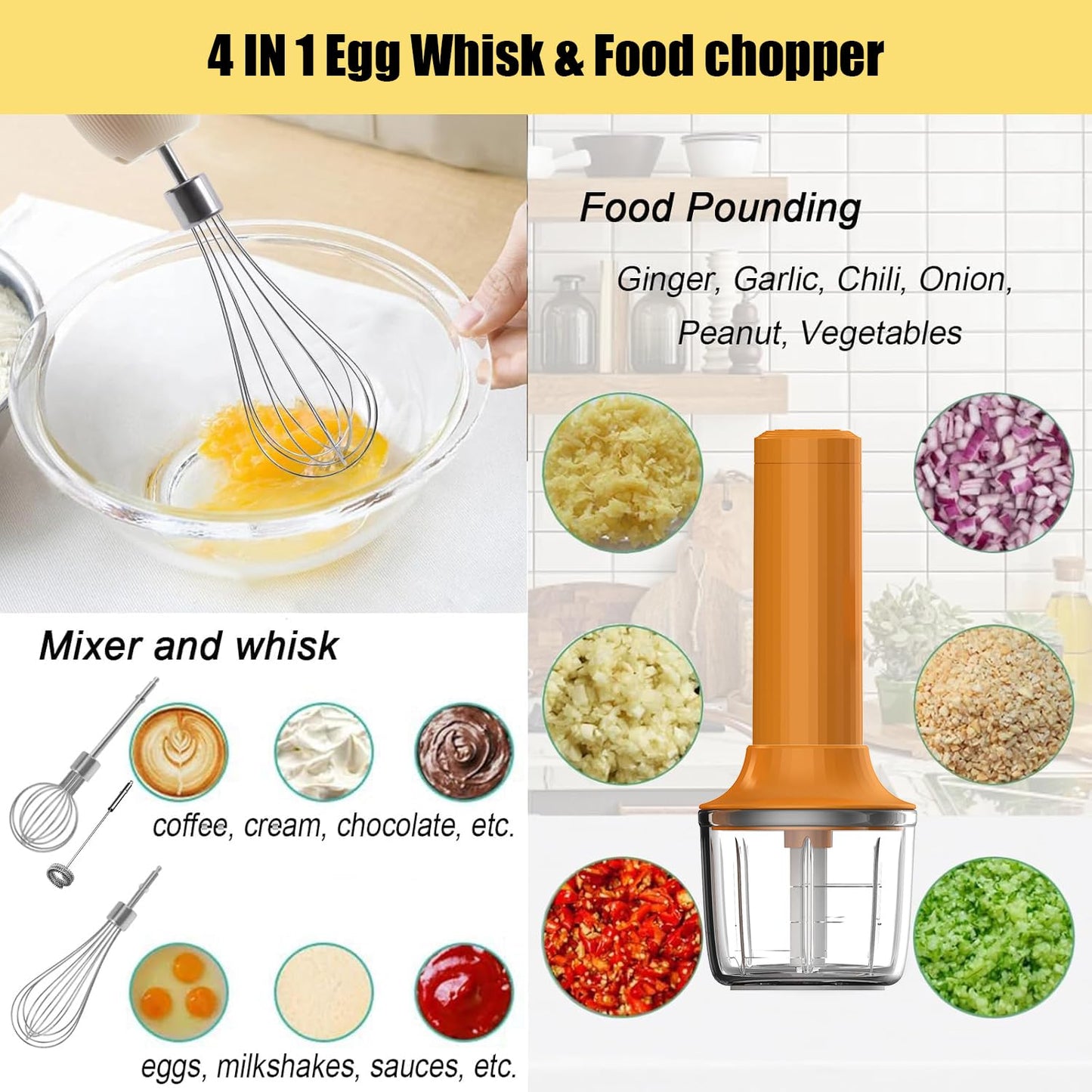 4-in-1 Electric Hand Mixer, Electric Whisk, Mini Onion Chopper 10Oz, Small Cordless Hand Blender, Milk Frother Wand for Coffee, Matcha, 4 Speed Rechargeable Food Processor for Baby Food Maker