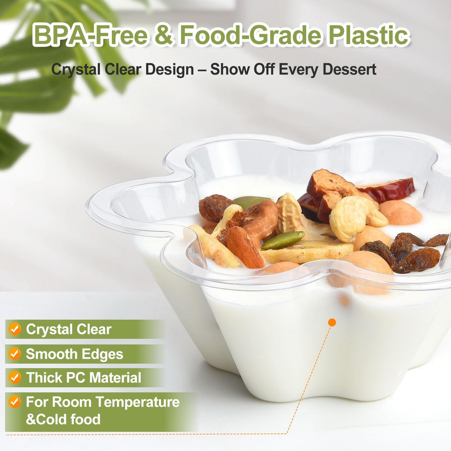 Clear Bowls, 100 PCS Ice Cream Cups, Christmas Candy Bowl, Small Disposable Clear Appetizer Serving Cup for Dessert Cake Snack Sundae Salad Nuts Snack for Party Favor Wedding Flower Shape (8OZ)