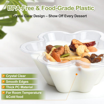 Clear Bowls, 100 PCS Ice Cream Cups, Christmas Candy Bowl, Small Disposable Clear Appetizer Serving Cup for Dessert Cake Snack Sundae Salad Nuts Snack for Party Favor Wedding Flower Shape (8OZ)
