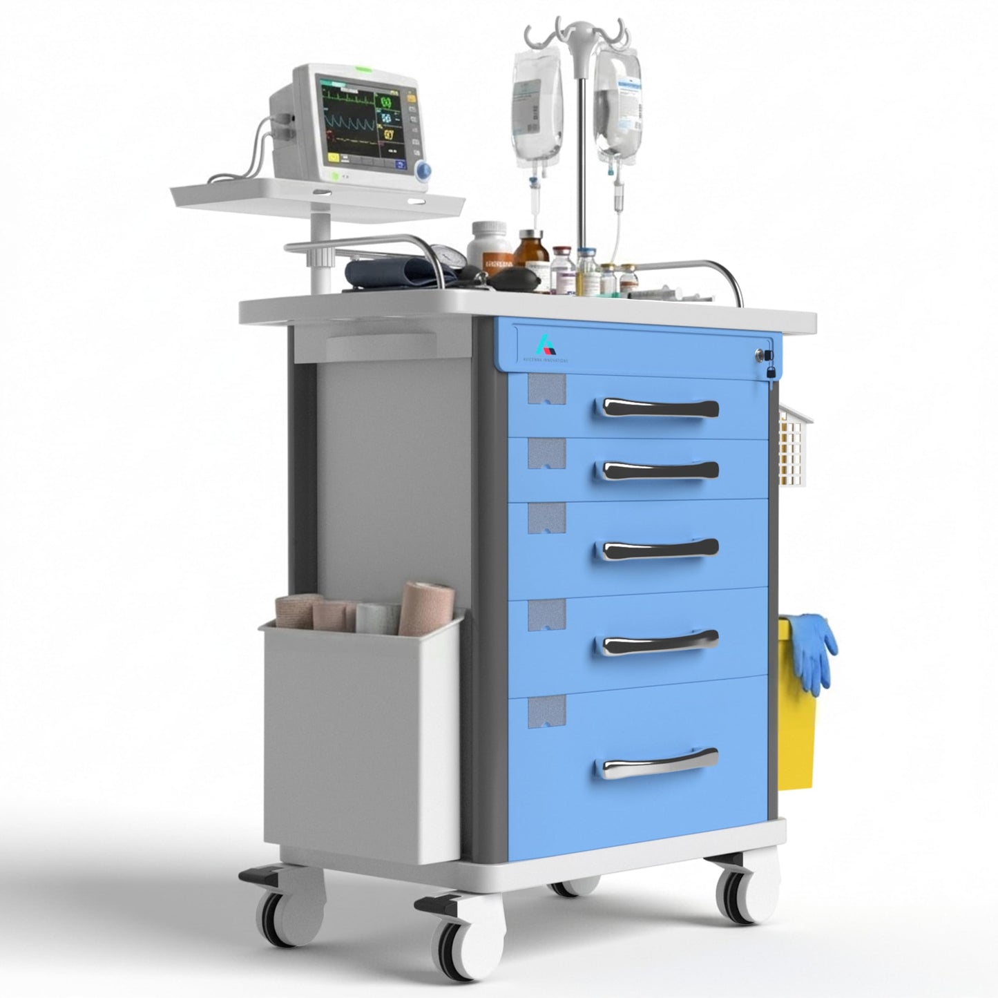 Medical Crash Cart | Emergency Rolling Trolley with 5 Locking Drawers | Hospital Procedure & Lab Utility Cart w/IV Pole, CPR Board, Defib Shelf & Power Strip | Mobile Workstation for Dental & Clinic