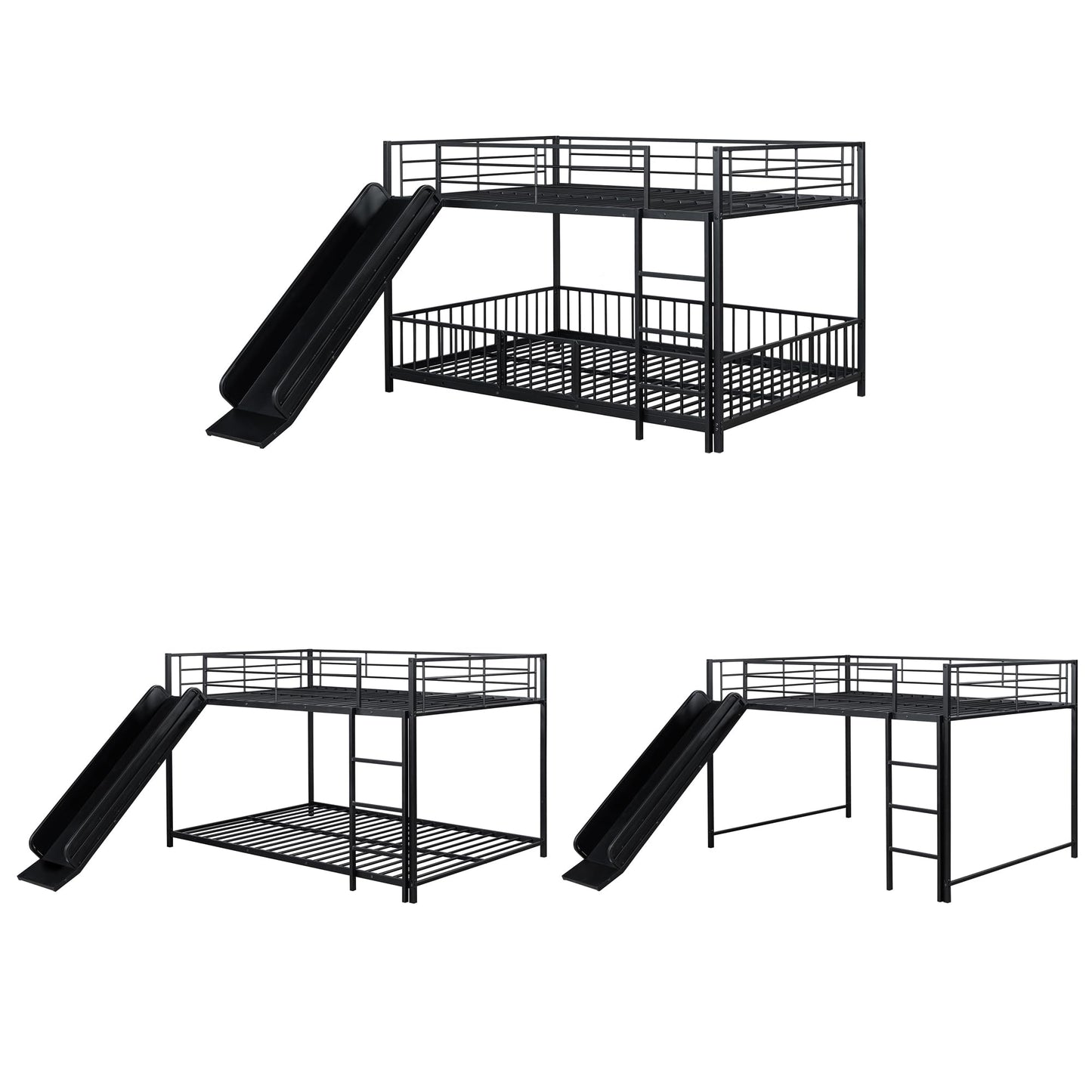 Bellemave Full Over Full Bunk Bed with Slide and Ladder, Metal Low Bunk Bed for Kids, Girls, Boys, Removable Fence, with Door, Black