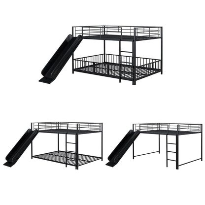 Bellemave Full Over Full Bunk Bed with Slide and Ladder, Metal Low Bunk Bed for Kids, Girls, Boys, Removable Fence, with Door, Black
