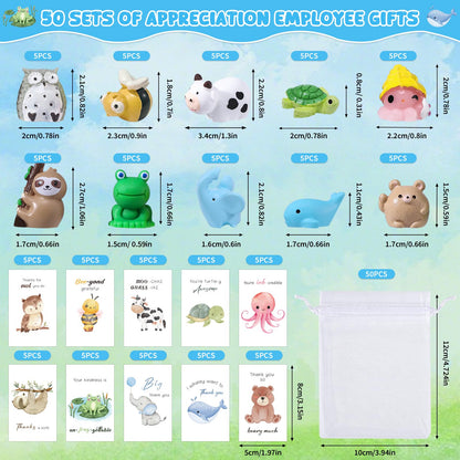 BESARME 50 Set Employee Appreciation Gifts Bulk, Teacher Appreciation Gifts for Coworkers Staff Thank You Gift Resin Animal Set with Inspirational Note Cards School Supplies