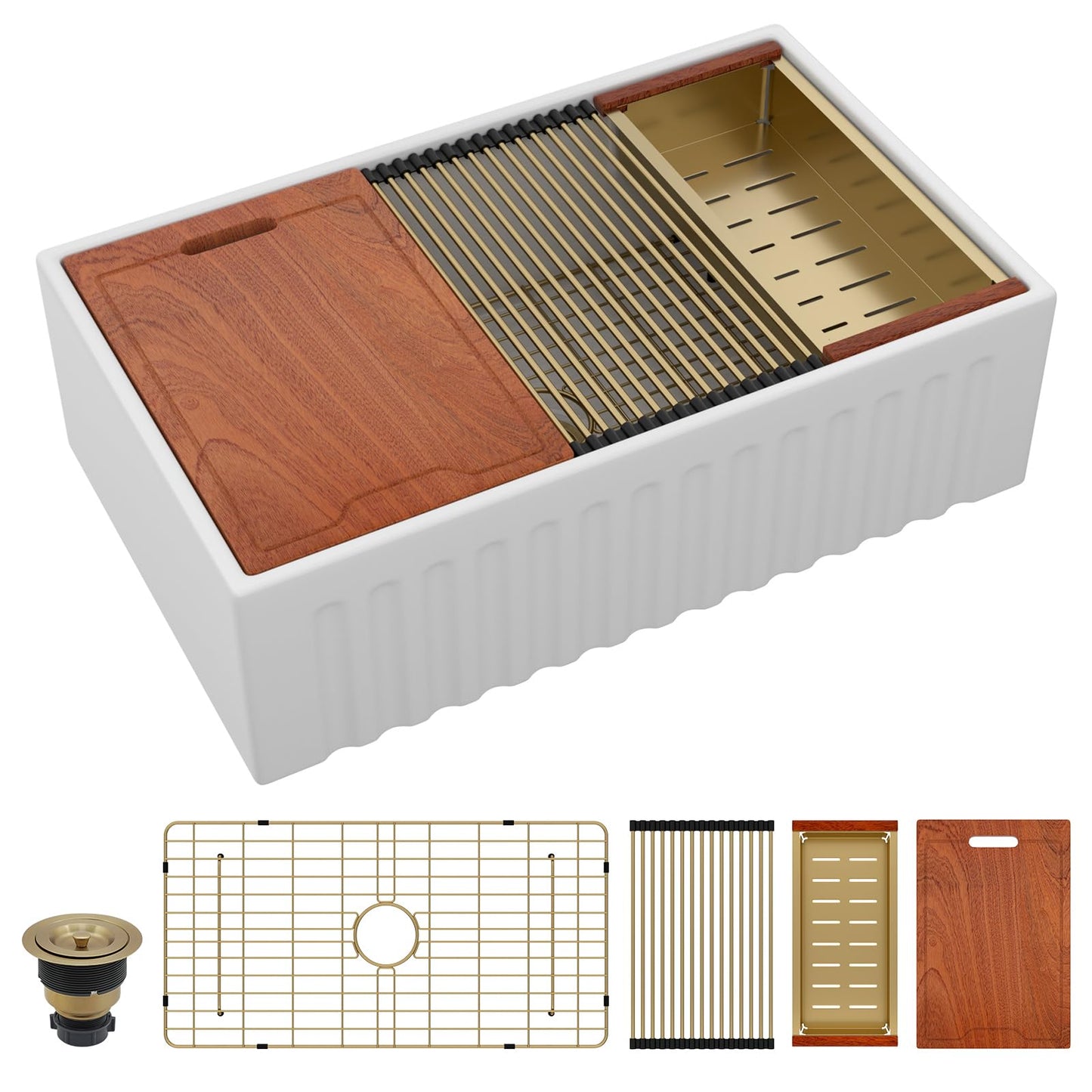 Sarlai White Farmhouse Sink - 33 Inch Farm Kitchen Sink Undermount Workstation Apron Front Reversible Ceramic Fireclay Single Bowl Farmer Sinks Basin 33 x 20 Inch With Gold Accessories