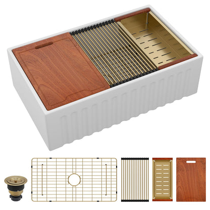 Sarlai White Farmhouse Sink - 33 Inch Farm Kitchen Sink Undermount Workstation Apron Front Reversible Ceramic Fireclay Single Bowl Farmer Sinks Basin 33 x 20 Inch With Gold Accessories
