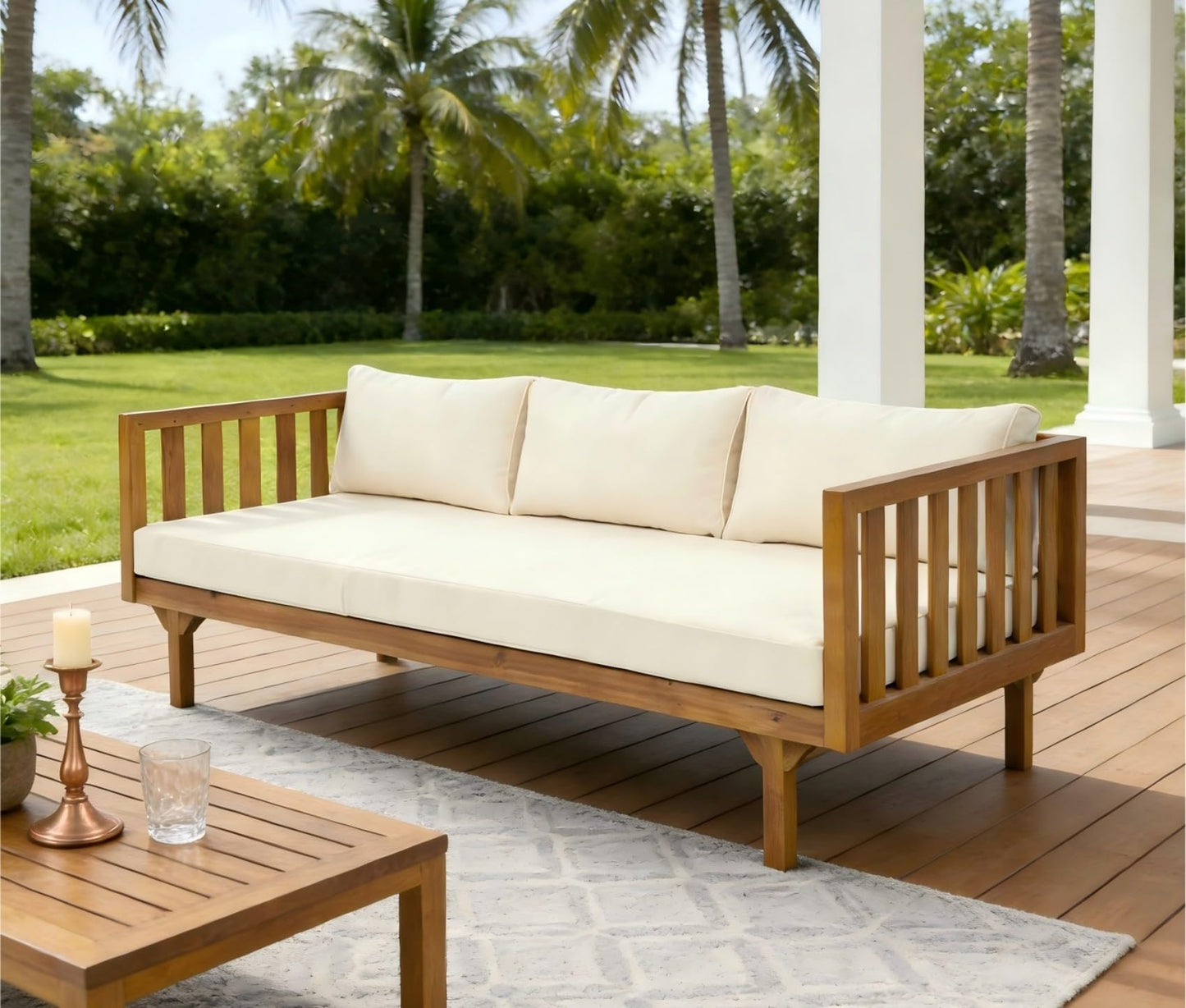 Merax Solid Acacia Wood Couch Chaise Lounge Chair Indoor, 3 Seater Daybed Sofa Couches with Cushions & Pillow, Heavy Frame Day Bed for Living Room, Office, Outdoor, Balcony, Patio, Water Resistant