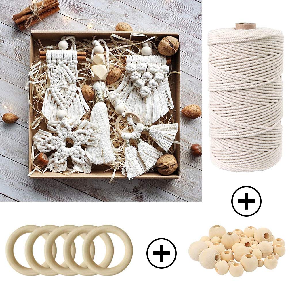 ZXCDINO 87pcs Macrame Kits for Beginners 3mm x 220yards Natural Cotton Macrame Cord Wall Hanging Kit, Macrame Supplies Best for Macrame Plant Hanger with Wooden Beads,Wooden Rings