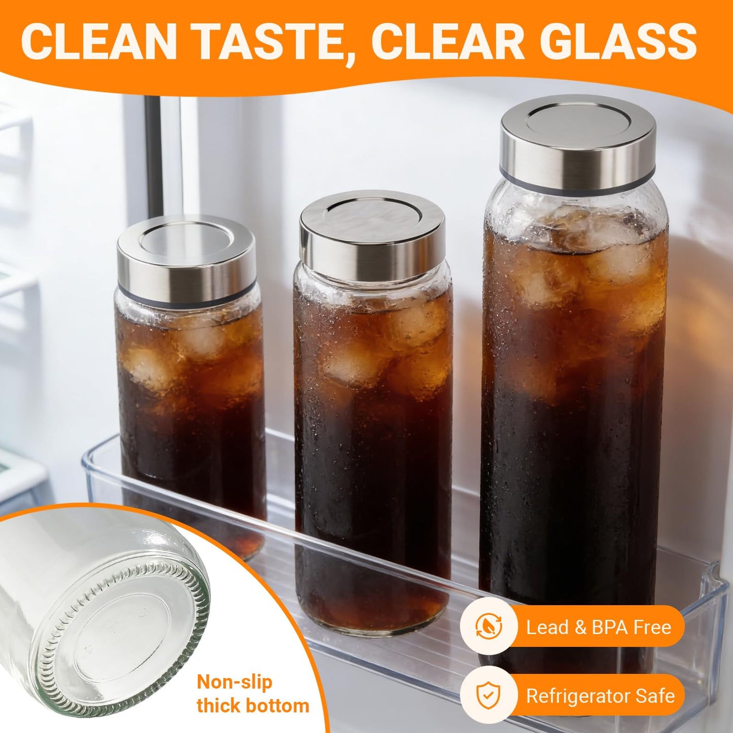 Cafezi 16 oz Wide Mouth Glass Juice Bottles with Stainless Steel Lids, Leakproof, Airtight, Reusable, Dishwasher Safe, Cup Holder Friendly, Brush Included, for Juicing, Smoothie, Infused Water, 4 Pack