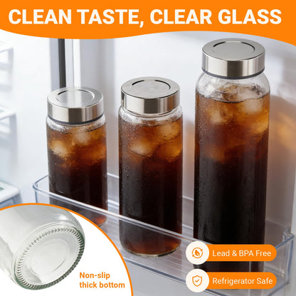 Cafezi 16 oz Wide Mouth Glass Juice Bottles with Stainless Steel Lids, Leakproof, Airtight, Reusable, Dishwasher Safe, Cup Holder Friendly, Brush Included, for Juicing, Smoothie, Infused Water, 4 Pack