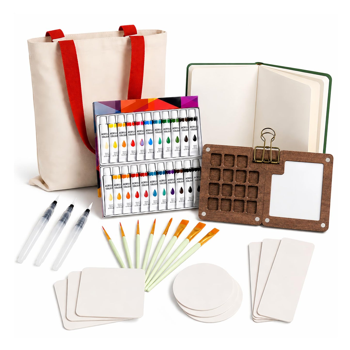 fsdyknej Portable Painting Kit for Adults, Travel Art Set with Mini Wooden Palette, Canvas Tote Bag, Brushes, Blank Cards and Bookmarks for DIY Creative Projects
