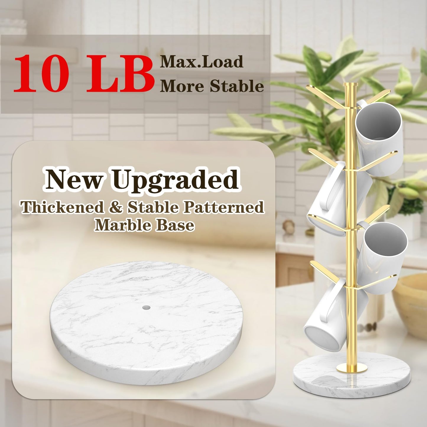 ZYZWTG Marble Mug Holder Tree with 8 Hooks, Stainless Steel Coffee Cup Holder, Non-Slip Silicone Pads, Heavy Duty Marble Base, Countertop Organizer for Kitchen & Cafe, Gold