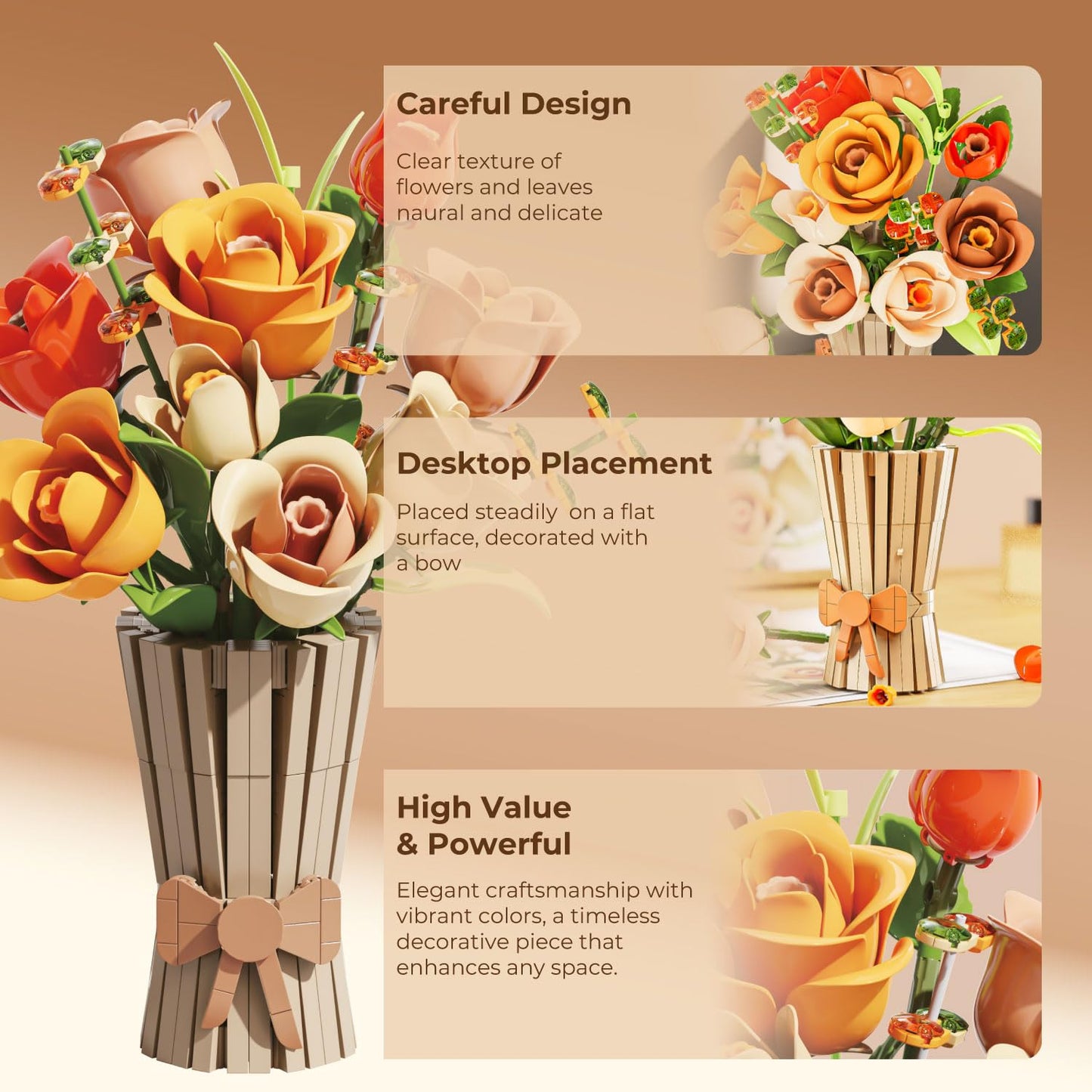 Bagari Roses Bouquet Building Set - Artificial Flowers Building Blocks with Vase, Compatible with Lego Kit for Adults - Collection for Home Office Decor Gifts for Women Men Birthday Anniversary 868PCS
