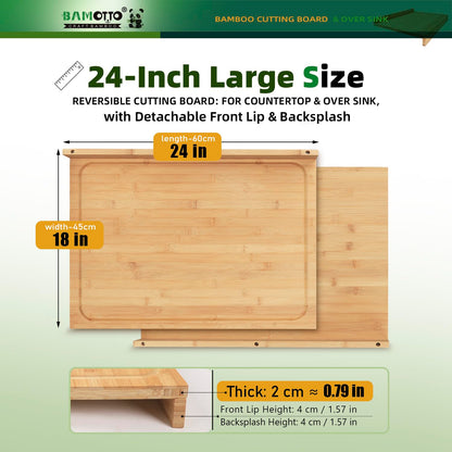 BAMOTTO CRAFTBAMBOO 24x18 Inch Extra Large Bamboo Cutting Board with Detachable Front Lip & Backsplash - Reversible Over The Sink Board, Pasta Maker, Pastry & Carving Board for Home Kitchen