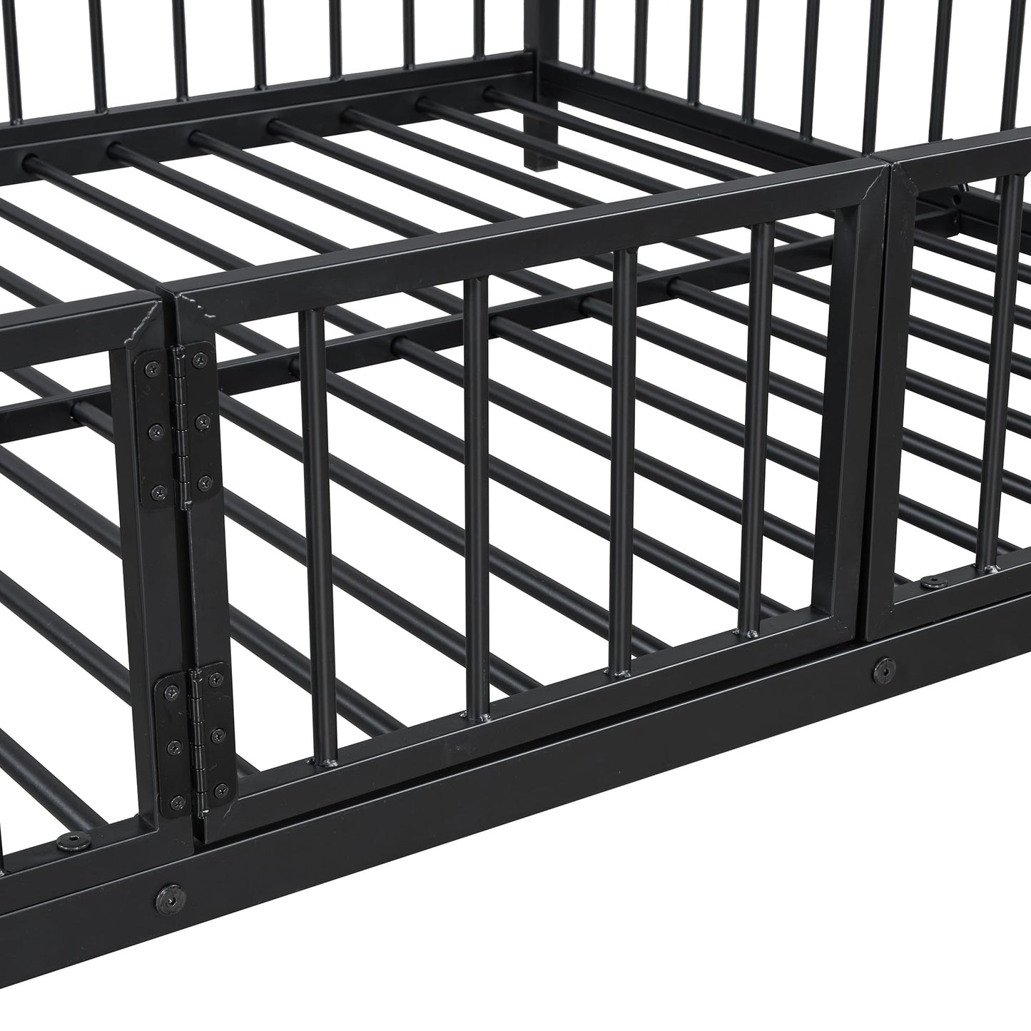 Bellemave Full Over Full Bunk Bed with Slide and Ladder, Metal Low Bunk Bed for Kids, Girls, Boys, Removable Fence, with Door, Black