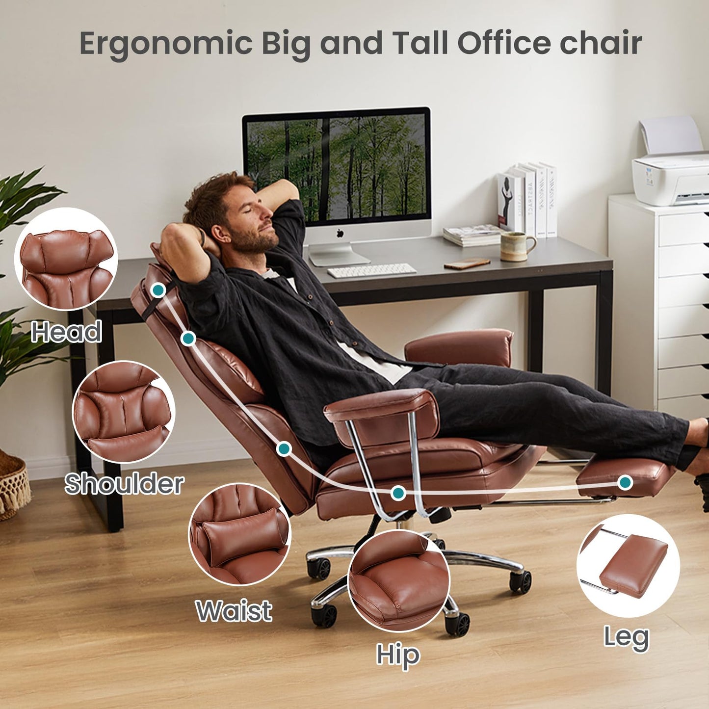 OLIXIS Home Office Desk Chair Comfy with Foot Rest, PU Leather Ergonomic Big and Tall High Back Support, 360° Swivel Wheels, Armrests and Detachable Pillow, Height Adjustable, Brown