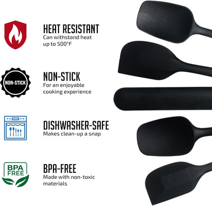 OVENTE Set of 5 Silicone Spatulas, Heat Resistant Food Grade Rubber with Stainless Steel Core, Black