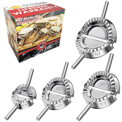 KAYCROWN Empanada Maker Press, Stainless Steel Dumpling Maker Set, 2-in-1 Dough Cutter Dumpling Mold Set for Ravioli, Pierogi, Turnovers, Calzone, Dumpling, 4 Sizes (XL/6"+L/4.75"+M/4"+S/3.25")