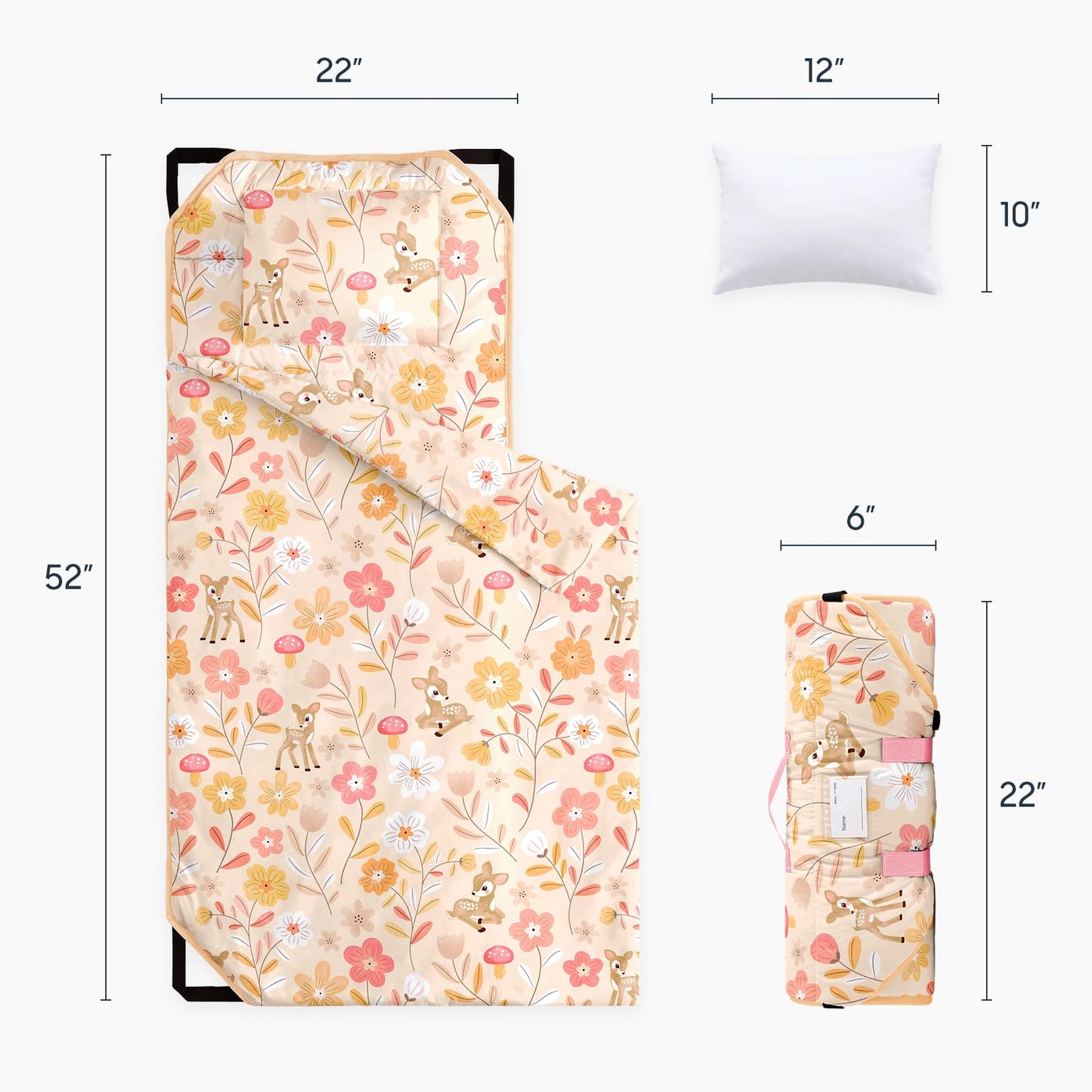 Wake In Cloud - Cot Nap Mat with Pillow and Blanket, for Toddler Kids Girls Ages 3 Plus in Daycare Kindergarten Preschool with Elastic Corner Straps, Floral Botanical Flowers, Peach Beige