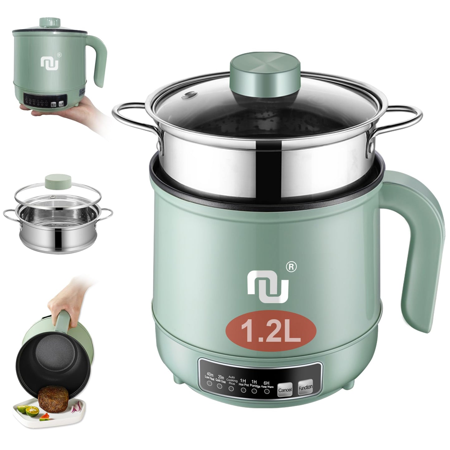 Smart Mini Hot Pot with Timer and Automatic Shut Off 1.2L Non-Stick Rapid Noodle Cooker w Stainless Steel Steamer Basket 600W Quick Cook 5 Cooking Modes for Soup, Rice (1cup) , Porridge, Pasta Great for 1-2 Persons (Green)