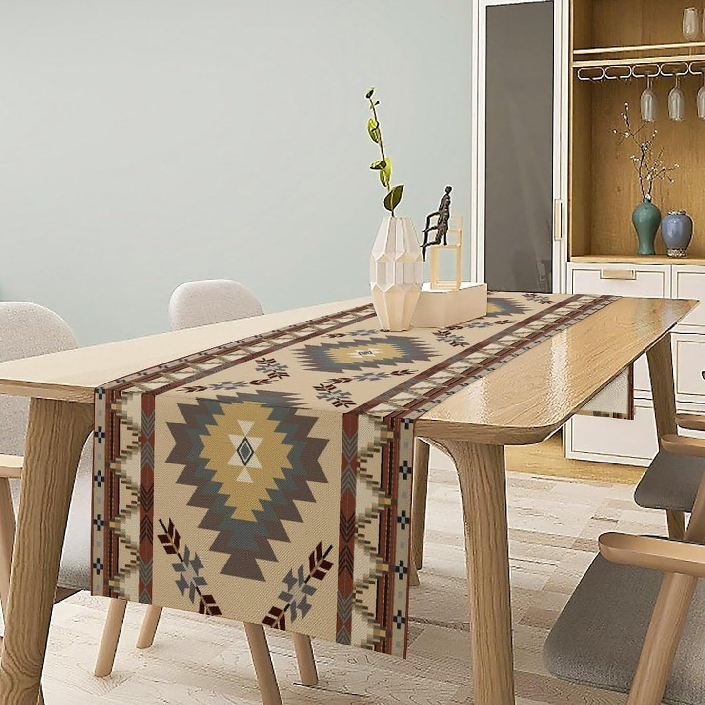 BATPLY Seamless 13x36in x1 Ethnic Aztec Linen Table Runner, Retro Boho Rustic Farmhouse Brown Red Native Tribal