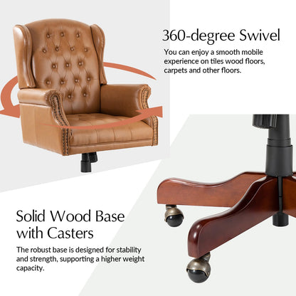 HULALA HOME Tufted PU Leather Office Chair with Wingback and Nailhead Trim, Adjustable Swivel Desk Chair with Rolled Armrests and Casters, Vintage Style(Camel)