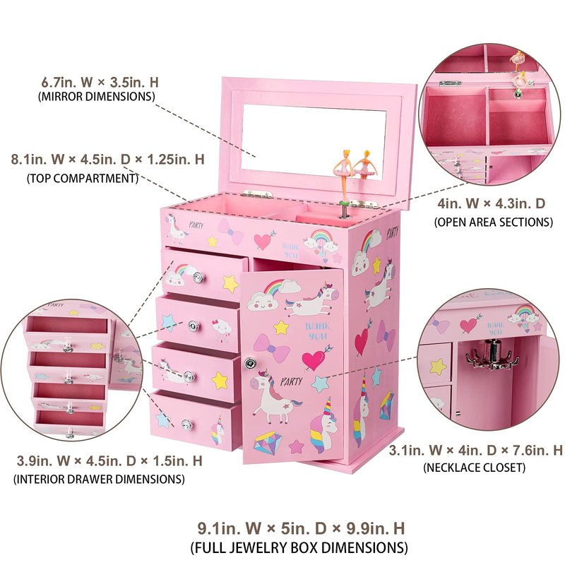 efubaby Upgrade Jewelry Box for Girls 5-Layer 9.09x5x9.84 inch with Swing Door Spinning Ballerina Unicorn&Castle Design with Unicorn Jewelry Set Kids Music Box for Birthday Christmas Gift Pink