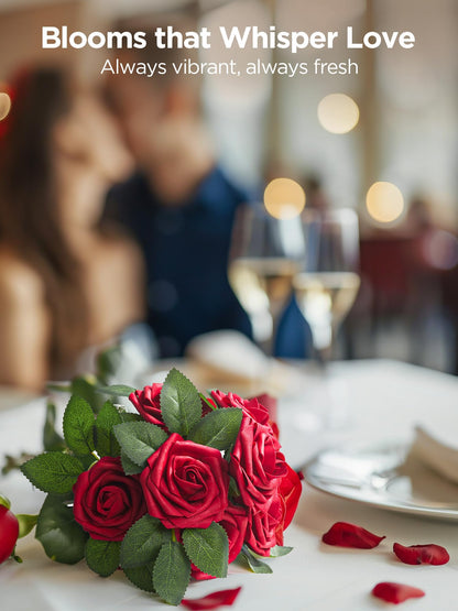 InnoGear Artificial Flowers, 50 Pcs Dark Red Foam Fake Roses Bulk with Stems for Mother's Gift Decoration Celebration DIY Wedding Bouquets Centerpieces Bridal Shower Party Christmas Tree