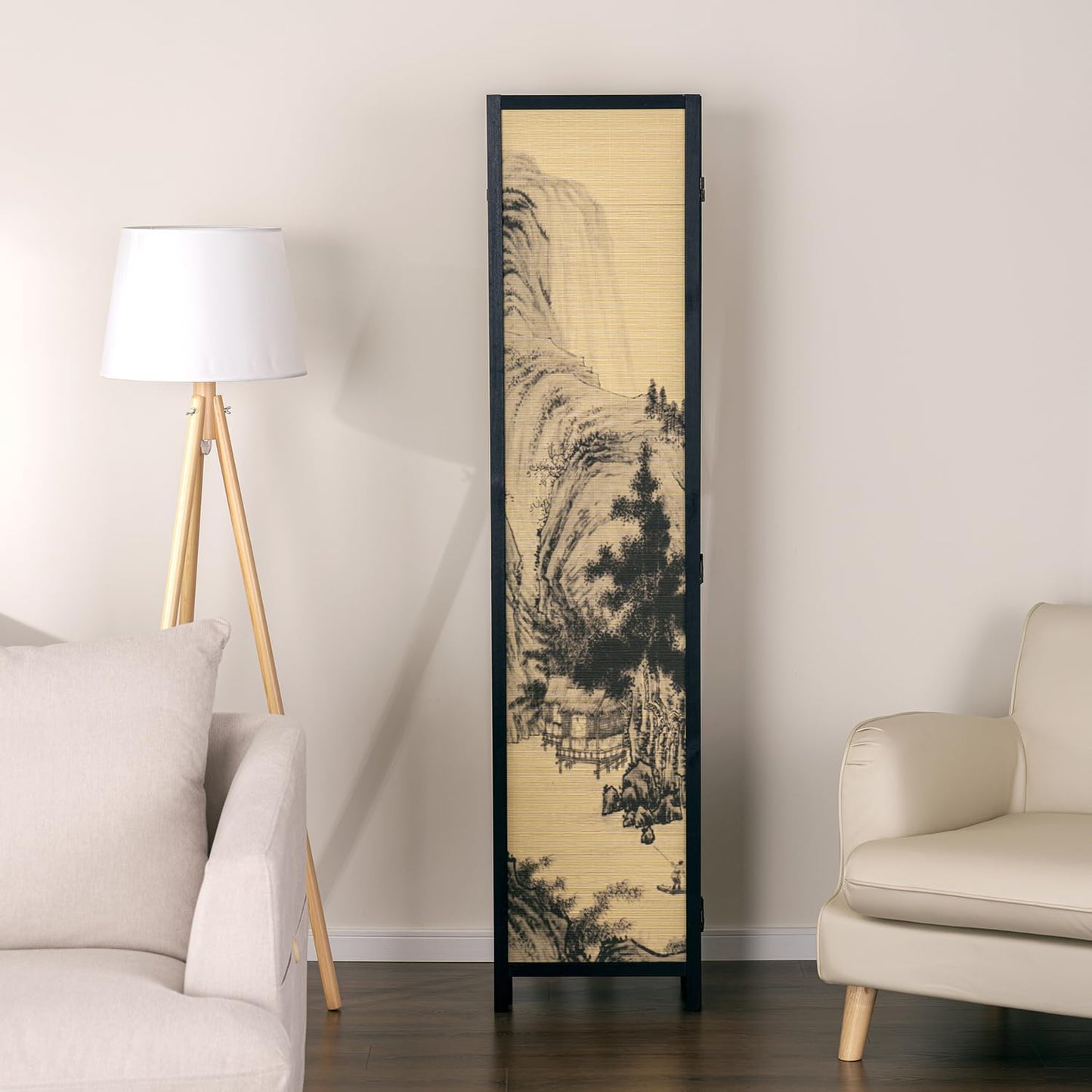 MyGift Decorative 6 Panel Folding Room Divider Bamboo Screen with Chinese Calligraphy Design, 6FT Freestanding Floral Artwork Room Partitioner with Black Wood Frame 94.5''W x 69''H