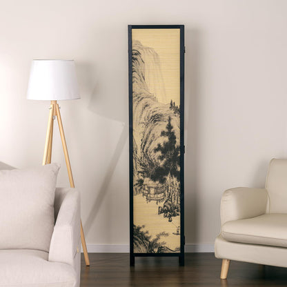 MyGift Decorative 6 Panel Folding Room Divider Bamboo Screen with Chinese Calligraphy Design, 6FT Freestanding Floral Artwork Room Partitioner with Black Wood Frame 94.5''W x 69''H