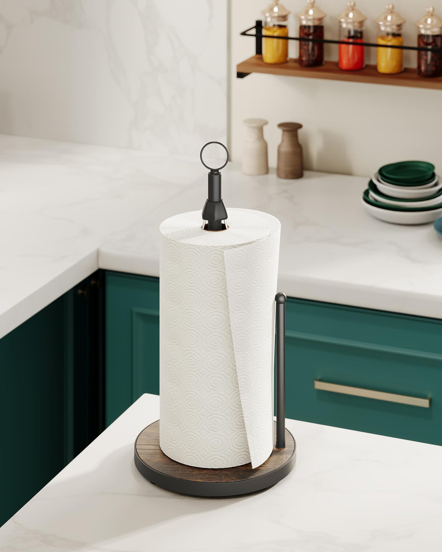 OROPY One-Hand Tear Paper Towel Holder Countertop, Farmhouse Wood Paper Towel Roll Holder with Ratchet Mechanism and Suction Cups fits Standard and Jumbo Size Paper Towels